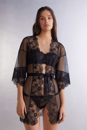 Intimissimi Sensual Flowers Dotted Mesh Tulle And Blonder Robe Svarte | SN-ITMSM58429