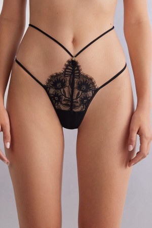 Intimissimi Sensual Flowers Thong Svarte | SN-ITMSM57745