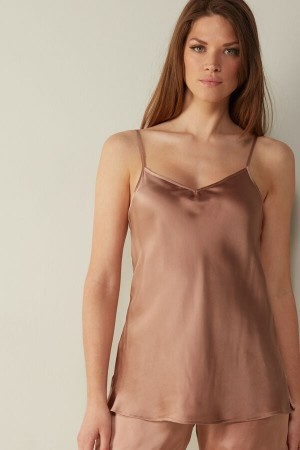 Intimissimi Silk Satin Top With V-neckline Beige | SN-ITMSM57951