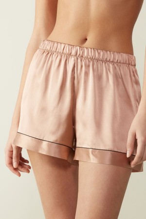 Intimissimi Silk Shorts With Contrast Trim Beige | SN-ITMSM58321