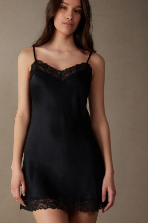 Intimissimi Silk Slip With Blonder Insert Detail Svarte | SN-ITMSM57800