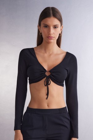 Intimissimi Sinful Fantasies Long Sleeve Crop Top Svarte | SN-ITMSM58107
