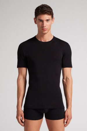 Intimissimi Stretch Merino Ull Kort-sleeve T-shirt Svarte | SN-ITMSM58592