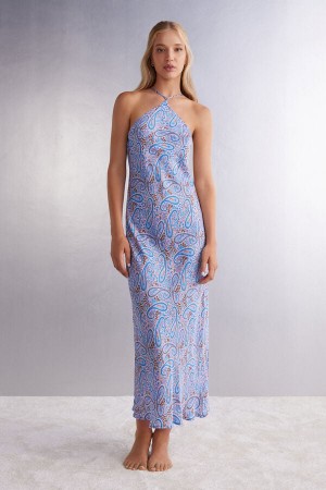 Intimissimi Sweet Escape Long Viscose Satin Nightgown Blå | SN-ITMSM57831