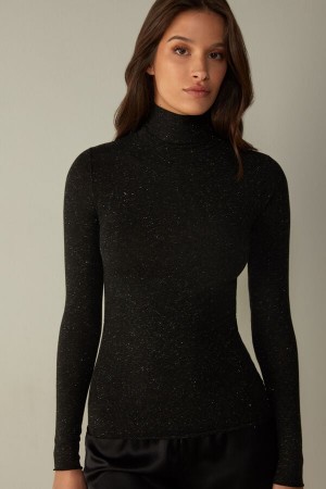Intimissimi Turtleneck Top In Modal Light With Cashmere Lamé Svarte | SN-ITMSM58139