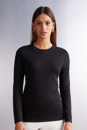 Intimissimi Ull & Bomull Long Sleeve Crewneck Top Svarte | SN-ITMSM58117