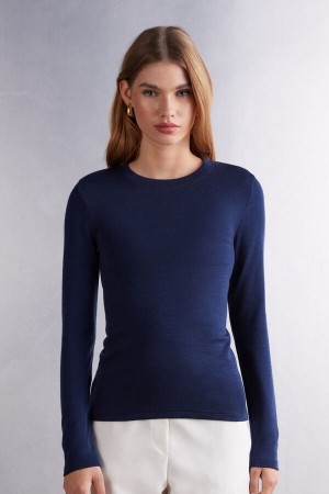Intimissimi Ull & Bomull Long Sleeve Crewneck Top Blå | SN-ITMSM58119