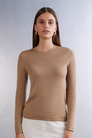 Intimissimi Ull & Bomull Long Sleeve Crewneck Top Brune | SN-ITMSM58122