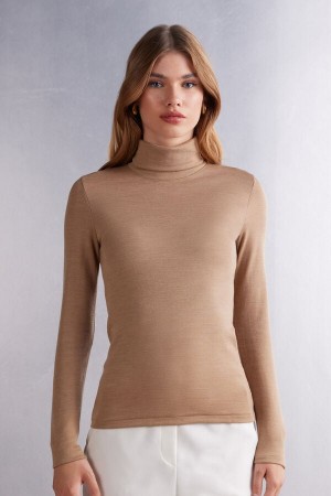 Intimissimi Ull & Bomull Long Sleeve High Collar Top Brune | SN-ITMSM58121