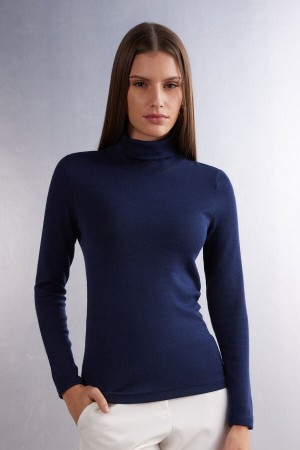 Intimissimi Ull & Bomull Long Sleeve High Collar Top Blå | SN-ITMSM58124