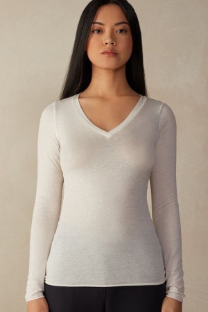 Intimissimi V-neck Top In Modal Ultralight With Cashmere Hvite | SN-ITMSM58087