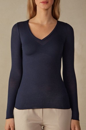 Intimissimi V-neck Top In Modal Ultralight With Cashmere Blå | SN-ITMSM58088