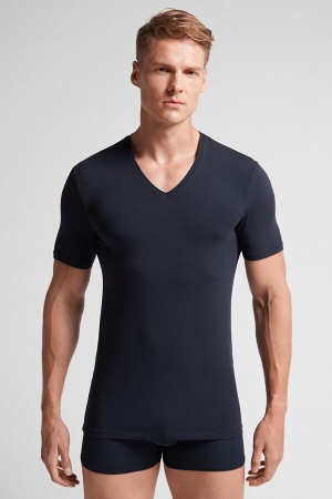 Intimissimi V-neck T-shirt In Stretch Supima® Bomull Blå | SN-ITMSM58602