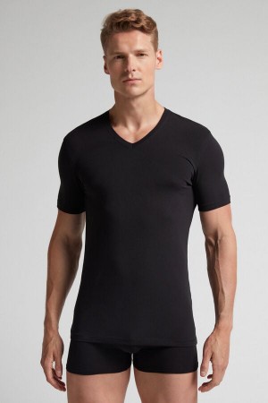 Intimissimi V-neck T-shirt In Stretch Supima® Bomull Svarte | SN-ITMSM58603