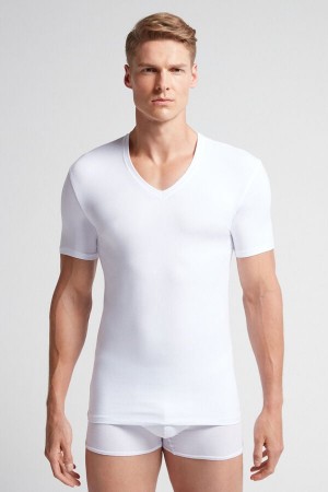 Intimissimi V-neck T-shirt In Stretch Supima® Bomull Hvite | SN-ITMSM58604