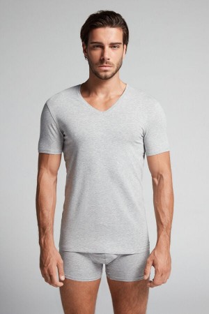 Intimissimi V-neck T-shirt In Stretch Supima® Bomull Grå | SN-ITMSM58605